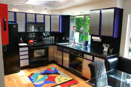 Kitchen with skylight and black benchseat
